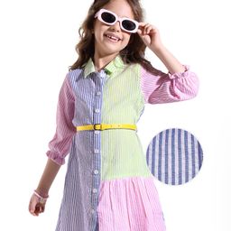 Hola Bonita WovenThree Fourth Sleeves Dress In Stripe Fabric & Cut & Sew Design - Multicolor-image-82
