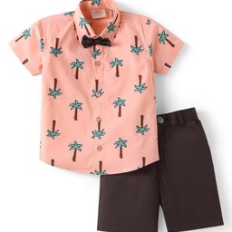 Rikidoos Half Sleeves Palm Trees Printed Shirt With Solid Shorts & Bow Set - Peach & Coffee-image-16
