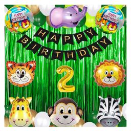 Bubble Trouble 2 Gold Balloons with Jungle Theme Birthday Decoration Items or Kit Black Paper Banner(Cardstock) Set of 13 Letters with 40 HD Metallic Dark Green Light Green White & Gold Balloons-16