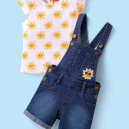 Babyhug Single Jersey Knit Frill Sleeves Dungaree & Top Set with Sun Print - White & Blue-image-76