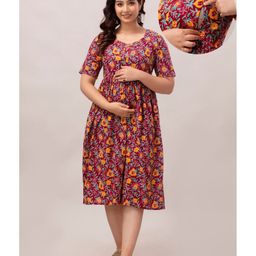CeleBravo Pure Cotton Half Sleeves Floaral Printed Maternity Dress With Nursing Access - Red-image-2