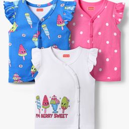 Babyhug 100% Cotton Interlock Knit Front Open Vests With Polka Dot & Ice Cream Print Pack Of 3 - White Blue & Pink-image-17