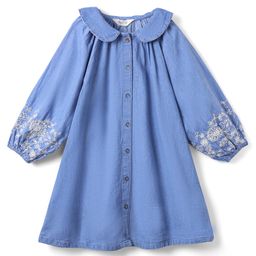 Bonfino 100% Cotton Woven Full Raglan Sleeves Front Open Denim Frock With Floral Embroidery - Light Blue-image-9