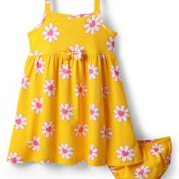 Babyhug Single Jersey Knit Sleeveless Floral Printed Frock With Bow Applique & Bloomer - Yellow-image-3