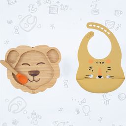 StarKiddo Leo Bamboo Suction Plates with Weaning Spoon and Cute Adjustable Printed Bib for Baby and Toddler - Orange-Yellow-picture-2