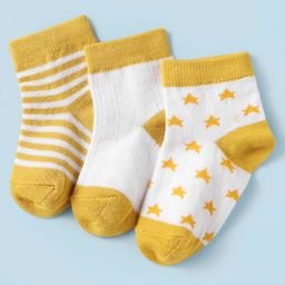 Cute Walk by Babyhug Knit Ankle Length Antibacterial Socks With Stripes & Star Design Pack Of 3 - Mustard & White-image-17
