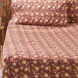 TEAL BY CHUMBAK Big Bloom Brown Floral Cotton 104 TC Queen Bedsheet With 2 Pillow Covers-image-40