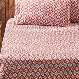 TEAL BY CHUMBAK Ikat Glow Red Floral Cotton 104 TC Queen Bedsheet with 2 Pillow Covers-image-37