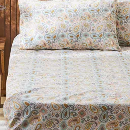TEAL BY CHUMBAK Paisely Peach Floral Cotton 104 TC Queen Bedsheet with 2 Pillow Covers-image-34