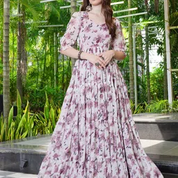 CHANSI Floral Print Puff Sleeve Georgette Fit & Flare Maxi Dress-image-97