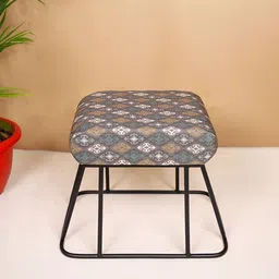 Decoghar Grey & Blue Diamond Printed Square Shaped Upholstered Metallic Stool-8