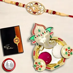 Rakhi Combo for Brother with Dish, Pooja Coin, Roli Chawal & Greeting Card-11