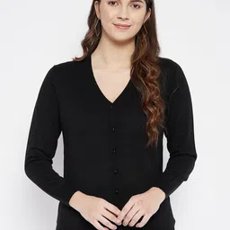 Zigo Women Woollen Black Cardigan V Neck Full Sleeves Front Open Sweaters-image-69