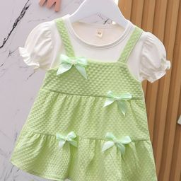 YK Girls Self Design Round Neck Bow Detail Pinafore Dress-91