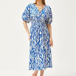 Olalook Abstract Printed Puff Sleeves V-Neck A-Line Midi Dress-image-13