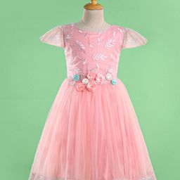 Bluebell Cap Sleeves Party Frock Floral Embroidered with Booties - Peach-image-3