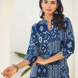 Janasya Ethnic Motifs Printed Mandarin Collar Pure Cotton Kurta With Trouser-43