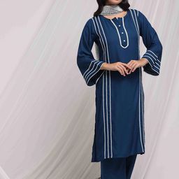 Anouk Striped Embroidered Regular Thread Work Straight Kurta With Trousers & Dupatta-image-53