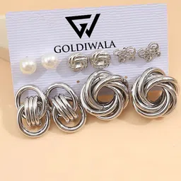 GOLDIWALA Set Of 5 Silver-Plated Pearls Beaded Spherical Shaped Studs-0