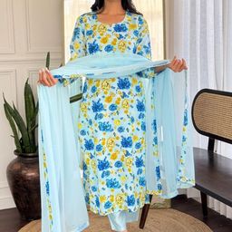 kalini Women's Georgette Printed Straight Kurta with Pant And Dupatta Sets image 5