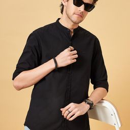 People Men Band Collar Solid Cotton Relaxed Fit Casual Shirt-image-46
