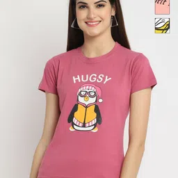 Dreambe Women Pack of 3 Donald Duck Graphic Printed Round Neck Cotton T-shirts-image-91
