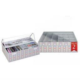 Kuber Industries Grey Pack of 2 Striped Foldable Socks Organizer With Transparent Lid-0