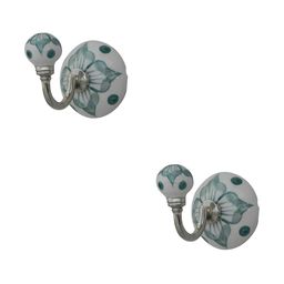 IndianShelf White & Blue 2 Pieces Floral Printed Ceramic Wall Hooks-image-50