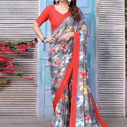 Styleveda Floral Poly Georgette Block Print Saree-image-12