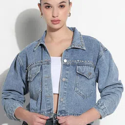 SHOWOFF Women Spread Collar Solid Windcheater Casual Denim Jacket-image-33