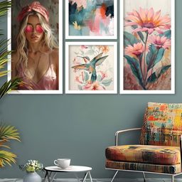 Kotart White, Blue & Pink 4 Pieces Floral and Botanical Wooden Wall Arts-picture-45