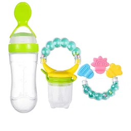 Joy Buzz Kids Set Of 3 Baby Spoon Feeder Fruit Feeder & Rattle Teether - Green & Blue-25