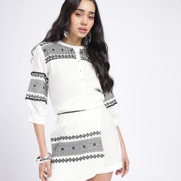 glitchez Geometric Embroidered Mirror Work Detail Top With Skorts-picture-2