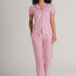 evolove Women Pure Cotton Short Sleeves Striped Night suit-image-65