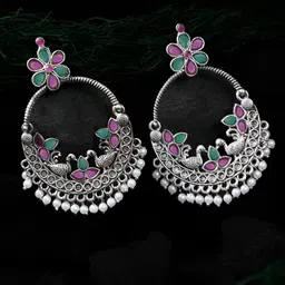 Sangria Silver-Plated Stones Studded & Beaded Crescent Shaped Oxidised Chandbalis-18