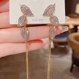 Celestique 925 Silver Cubic Zirconia Stones Studded Korean Leaf Shaped Drop Earrings-picture-24