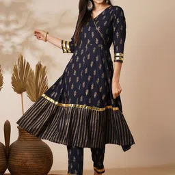 Globus Navy Blue V-Neck Floral Printed Gotta Lace Angrakha Anarkali Kurta With Pants-picture-31