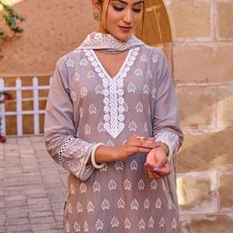 Indo Era Floral Embroidered Thread Work Pure Cotton Kurta With Trousers & Dupatta-picture-28