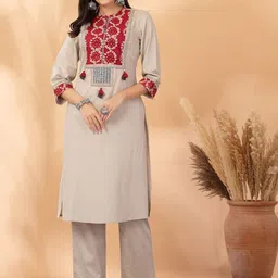 Nayam By Lakshita Floral Printed Mandarin Collar Mirror Work Cotton Linen Kurta & Trouser-picture-6