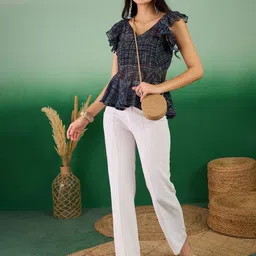 all about you Checked Flutter Sleeve Georgette Peplum Top image 5