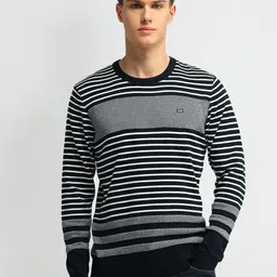 Arrow Sport Men Cotton Black and White Striped Round neck Full Sleeves Pullover-7