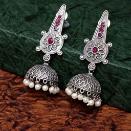 Anouk Silver-Plated Artificial Stones Studded & Beaded Dome Shaped Jhumkas-23