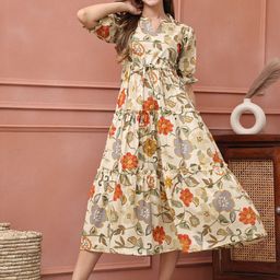 Claura Women Pure Cotton Floral Print Puff Sleeve Fit & Flare Midi Dress-picture-13