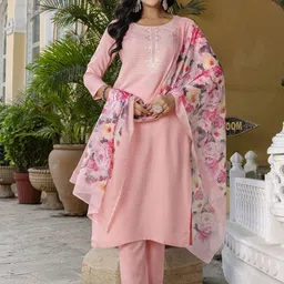 HERE&NOW Floral Yoke Design Round Neck Thread Work Straight Kurta With Trousers & Dupatta-33
