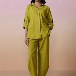 Dressfolk Lime Green Linen-Cotton Co-Ords Set With Floral Hand Block Accent-picture-4