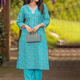 VORHIZA Ethnic Motifs Printed V-Neck Three-Quarter Sleeves Straight Kurta With Trouser-image-14