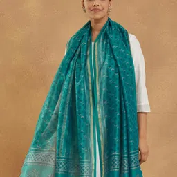 Fabindia Ethnic Motifs Printed Zari Cotton Silk Dupatta-picture-42