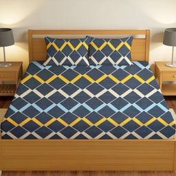 IVAZA Navy Blue & Yellow Floral 330 TC Queen Bedsheet with 2 Pillow Covers-image-82