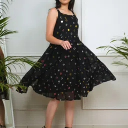 Shreetatvam Conversational Printed Shoulder Straps Fit & Flare Black Bandhani Dress-picture-11