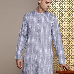 House of Pataudi Woven Design Band Collar Rozana Kurta-picture-14